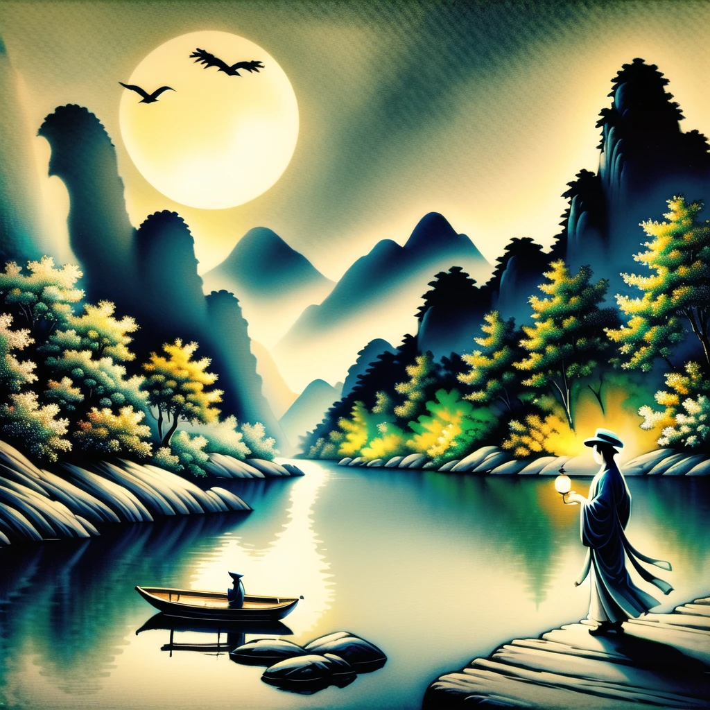 best quality,masterpiece,ancient china, gudai, solo, hat, outdoors, sky, cloud, water, tree, night, bird, moon, nature, scenery, reflection, lantern, mountain, sun, watercraft, river, boat<lora:wuyichengxian:1>,