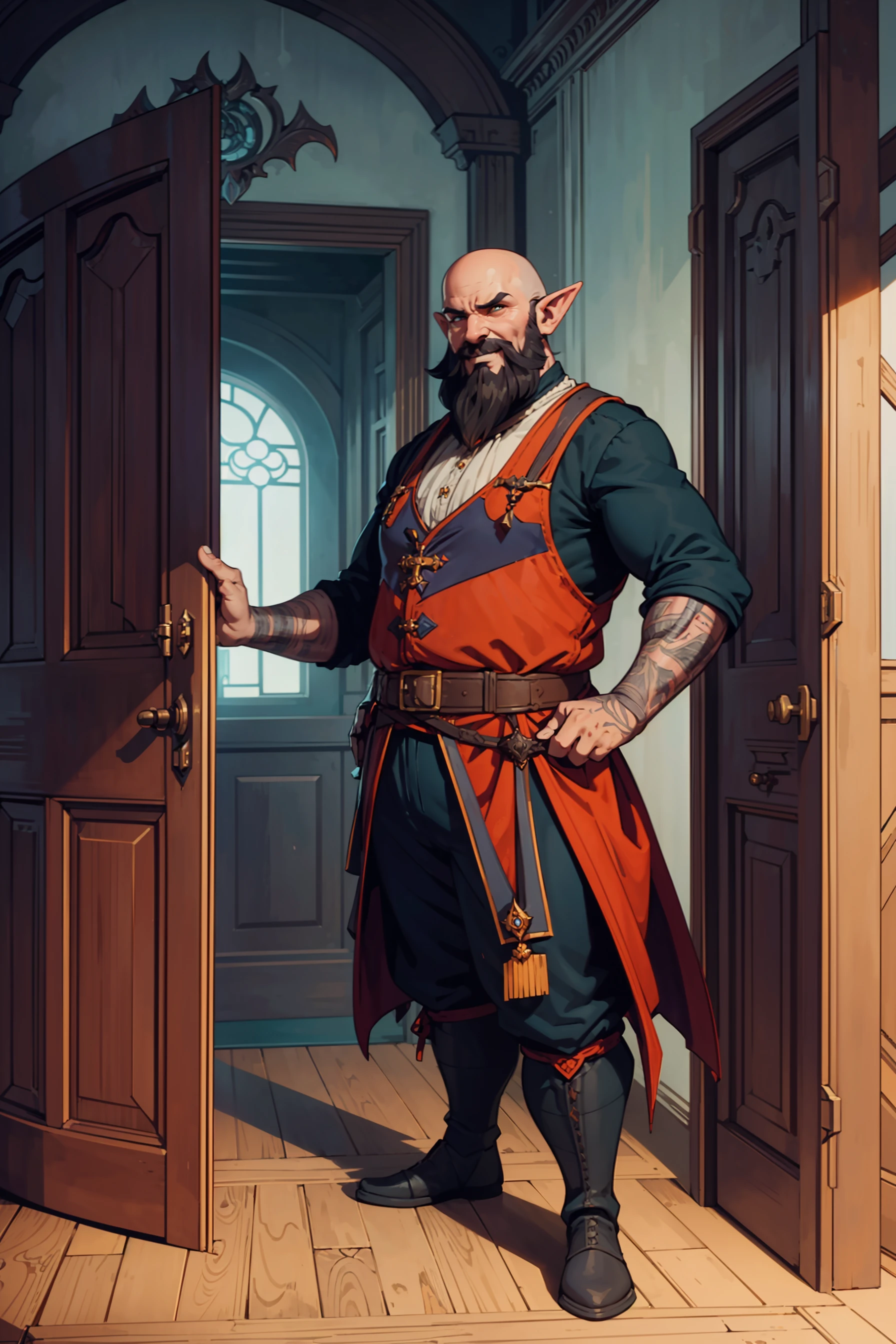 (fantasy digital artwork style:1.2), bald male fat elf noble with epic black moustaches in front of a door, proud evil grin, victorian house interior, orange teal tones, (atmosphere), coherent, continuity, epic, sharp lines, (brushed colors)