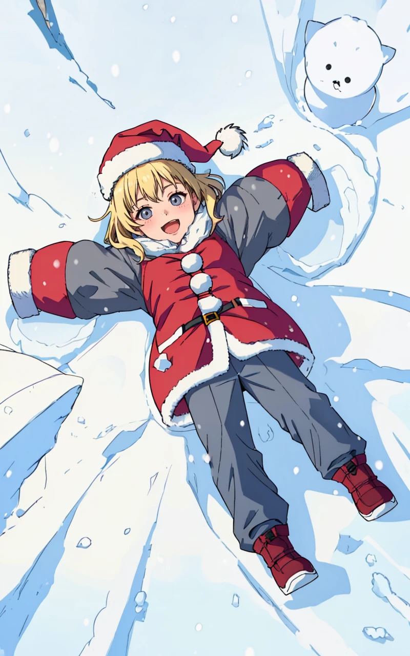 snwangl2023, blonde girl wearing winter coat, grey pants, santa hat, 8k, uhd, best quality, trending on arstation, masterpiece, full body, making snow angels, from above, perspective, cute