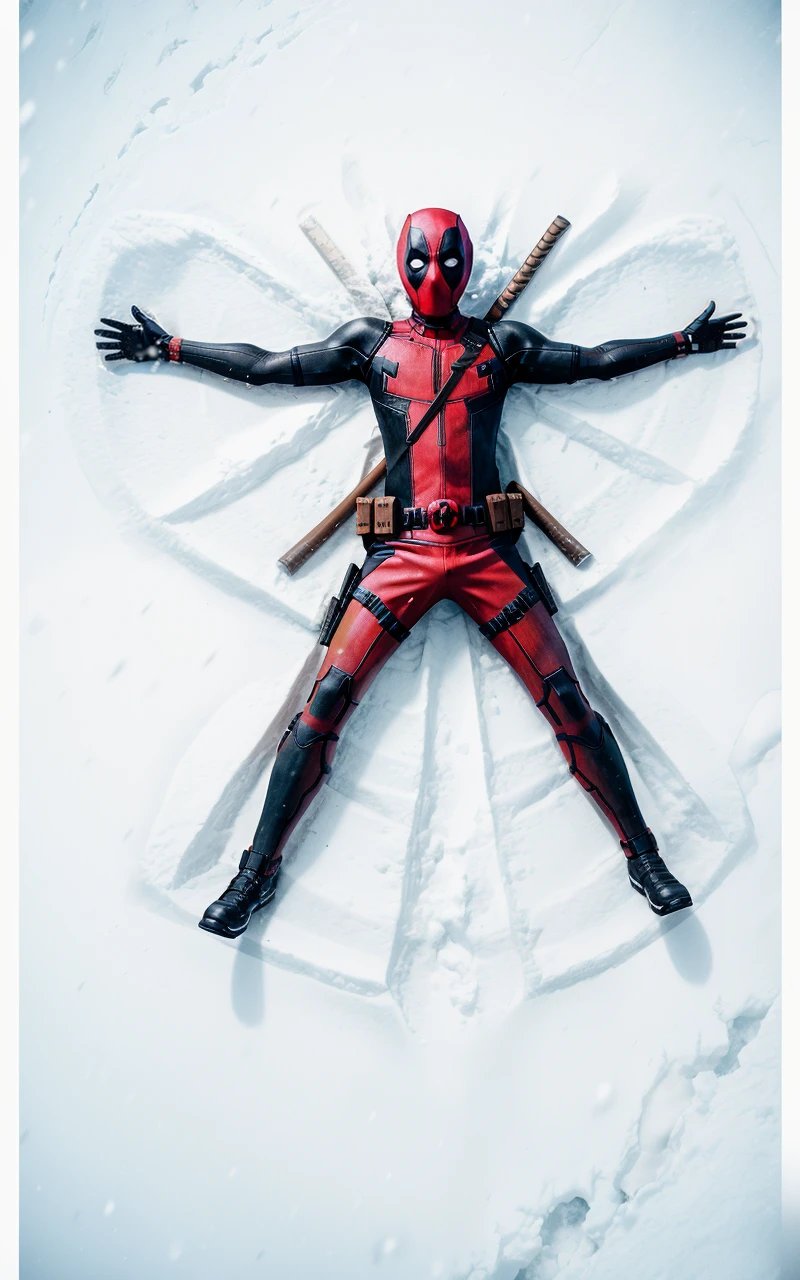 snwangl2023, deadpool, 1boy, 8k, uhd, best quality, trending on arstation, photorealistic, masterpiece, raw image, award winning photo, full body, making snow angels, from above, perspective