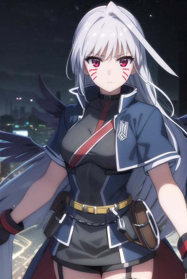 reinforcei, <lora:reinforce i movie2-lora-nochekaiser:1>,
reinforce i, (red eyes:1.3), grey hair, facial mark, long hair,
BREAK thighhighs, gloves, jacket, open clothes, wings, fingerless gloves, open jacket, magical girl, single thighhigh, asymmetrical legwear, black wings, uneven legwear, waist cape, multiple wings, leg belt,
BREAK outdoors, city, sky, night, starry sky, star \(sky\), moon,
BREAK looking at viewer, (cowboy shot:1.5),
BREAK <lyco:GoodHands-beta2:1>, (masterpiece:1.2), best quality, high resolution, unity 8k wallpaper, (illustration:0.8), (beautiful detailed eyes:1.6), extremely detailed face, perfect lighting, extremely detailed CG, (perfect hands, perfect anatomy),