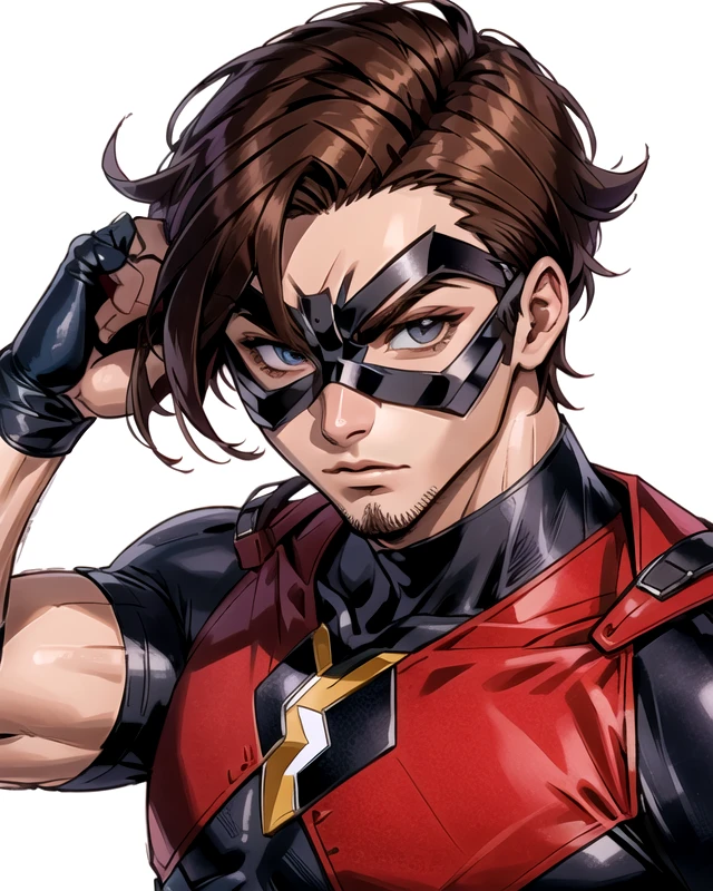 man, short brown hair, (DominoMask:1.2), red and black costume, hero, brown eyes, detailed eyes, white backdrop, <lora:SN DominoMask:1>