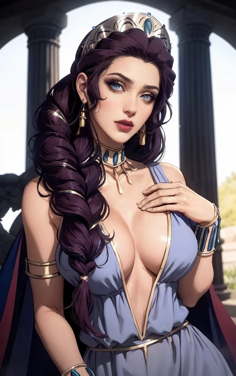 Dress_BloodOfZeus_Hera_ownwaifu,
1girl,single braid, hair over shoulder, breasts,very long hair, anklet, purple hair, blue eyes, lipstick, makeup, medium breasts, red lips, collarbone, bangs, lips, jewelry, earrings, bracelet, armlet, tiara, colored skin, necklace, crown, large breasts, bracer, hair ornament,
dress, cleavage, cape, plunging neckline, greek clothes, colored sclera, bare shoulders, center opening, blue cape, long dress,
<lora:CARTOON_BloodOfZeus_Hera_ownwaifu:0.9>
((masterpiece)),((best quality)),(highres, absurdres), original, official_art, looking at viewer, solo, focused, outdoors, day, cowboy shot,