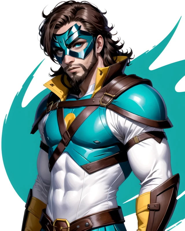 man, (teal DominoMask:1.2), teal and white costume armor, brown long hair, beard, detailed eyes, white backdrop,  <lora:SN DominoMask:1>