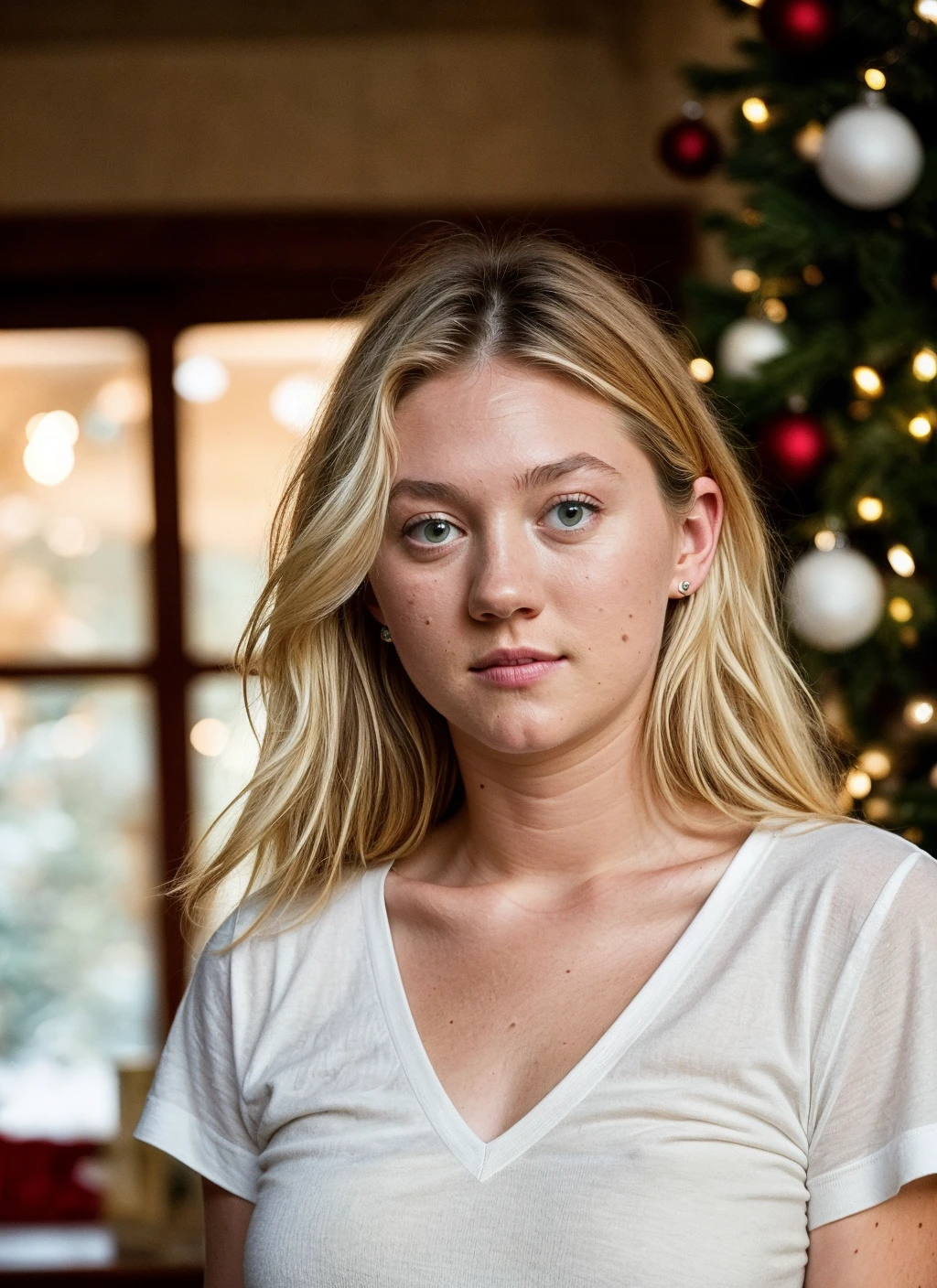 RAW photo of 20 years old alisonangel-ti, natural lighting, 8k uhd, dslr, high quality, film grain, Fujifilm XT3, <lora:add_detail:0.7>, by Peter Lindbergh, christmas theme, young, wearing shirt
