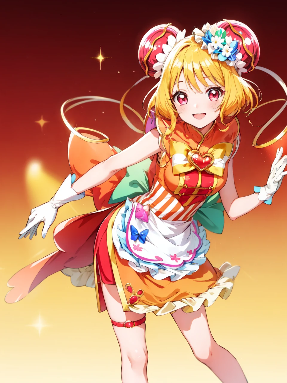 masterpiece, best quality, looking at viewer, depth of field, standing,
1girl, <lora:locon_cure_yum-yum_01:0.9>, cure yum-yum, china dress, hair ornament, sleeveless, gloves, apron, brooch, shorts under skirt, pumps,
smile, ((gradient background)), lens flare,