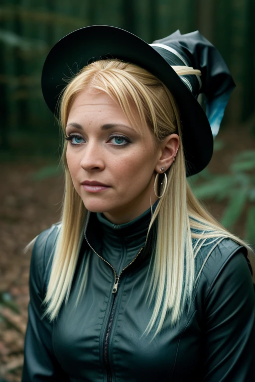 a portrait of m31i55ajoanhart as a witch, blonde hair, blue eyes, wearing a witch's costume, pointed hat, amulet, earrings, outdoors, night, woods, <lora:Melissa_Joan_Hart_PMv1_Lora:1.3>,, detailed skin texture, (blush:0.5), (goosebumps:0.5), subsurface scattering, Style of stephen gammell, watercolors, black and white, swamp, shadowy creatures, dripping, infected
