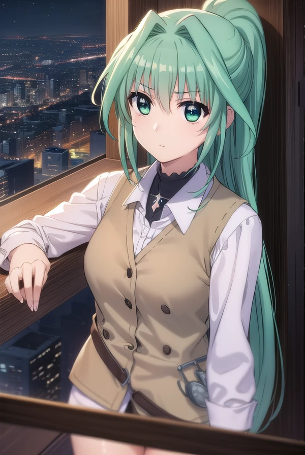 lindyharlaown, <lora:lindy harlaown movie2-lora-nochekaiser:1>,
lindy harlaown, long hair, very long hair, (green eyes:1.3), ponytail, green hair, facial mark, forehead mark,
BREAK jewelry, pantyhose, vest,
BREAK outdoors, city, night, starry sky,
BREAK looking at viewer, (cowboy shot:1.5),
BREAK <lyco:GoodHands-beta2:1>, (masterpiece:1.2), best quality, high resolution, unity 8k wallpaper, (illustration:0.8), (beautiful detailed eyes:1.6), extremely detailed face, perfect lighting, extremely detailed CG, (perfect hands, perfect anatomy),