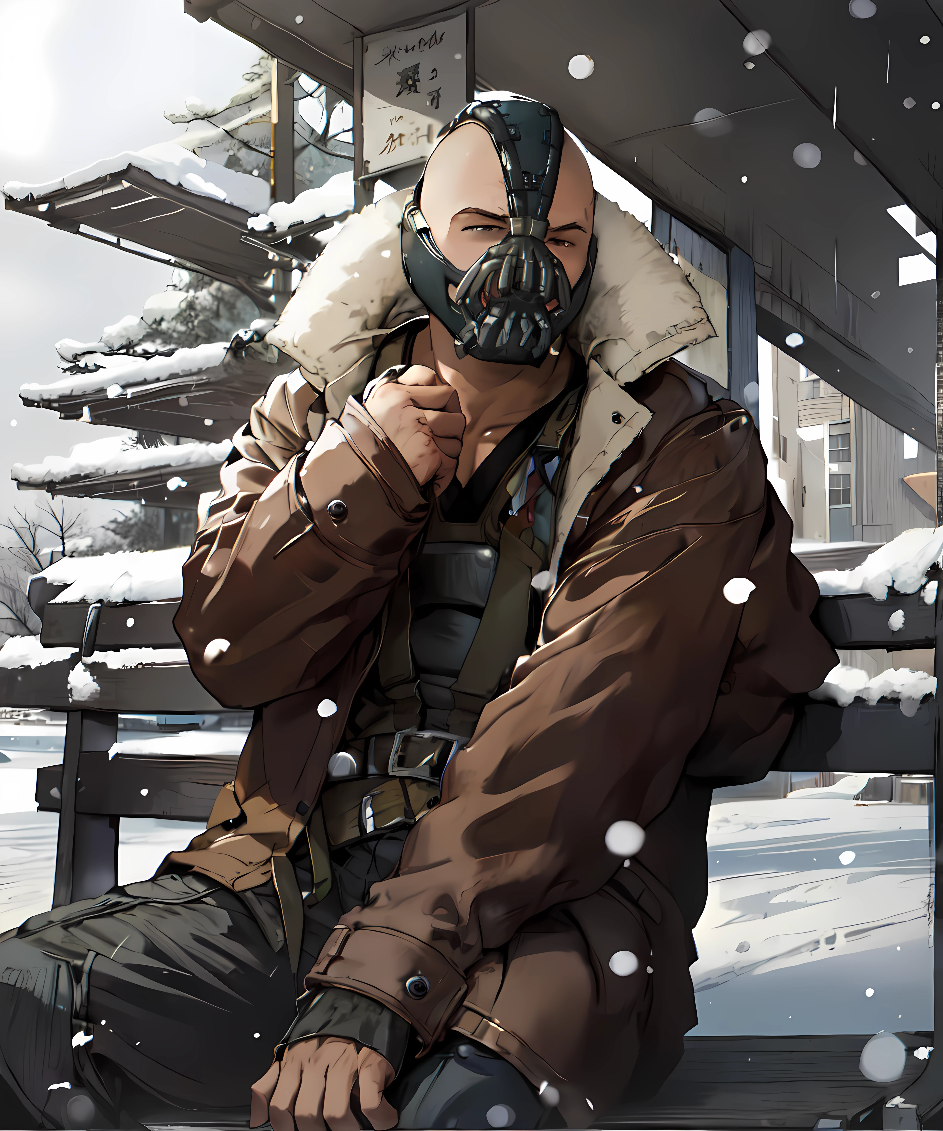 best quality, masterpiece, bane, cafe, winter, snow, sitting down, bench, spruce tree <lora:Bane:0.85>