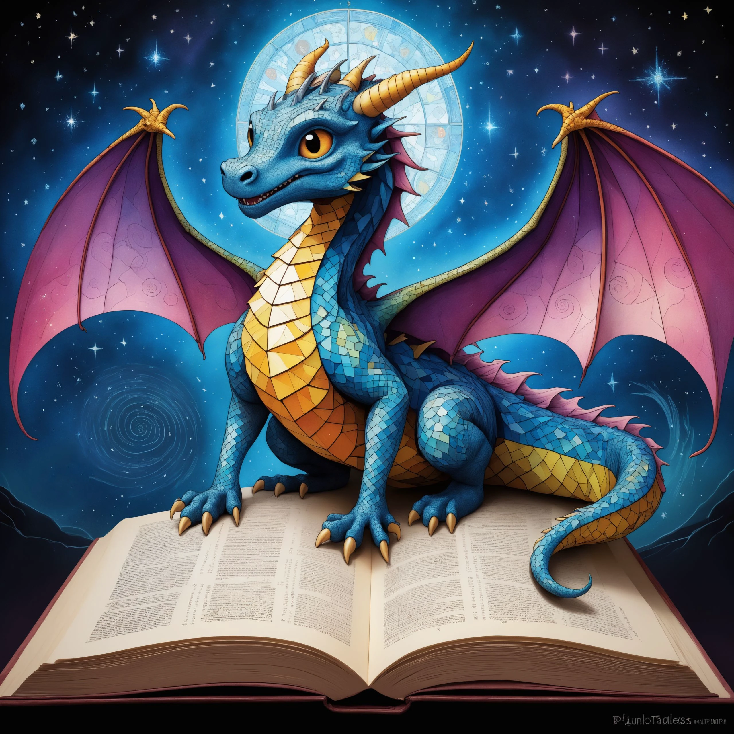 Magical Mathematics two parts in one art, double exposure, cute little detailed shocked perfect dragon trying to understand what all these weird scary words mean : Hyperbola, Parabola, Pi, Euler's Number, Complex Numbers, Tessellations, Orthogonal Projection, Riemann Surface, Golden Ratio, best quality, dark tales, Craola, Dan Mumford, Andy Kehoe, Miyazaki 2d, flat, cute, adorable, vintage, art on a cracked paper, fairytale, patchwork, stained glass, storybook detailed illustration, cinematic, ultra highly detailed, tiny details, beautiful details, mystical, luminism, vibrant colors, complex background