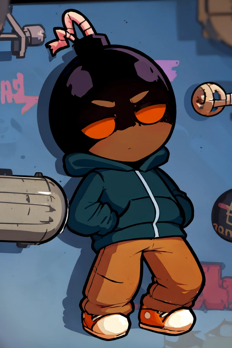 masterpiece, best quality, absurdres, WhittyFNF, bomb head, blue hoodie, orange pants, orange sneakers, <lora:WhittyFNF:1>, <lora:QiqiFallen:1.0> QiqiFallen, chibi, on back
