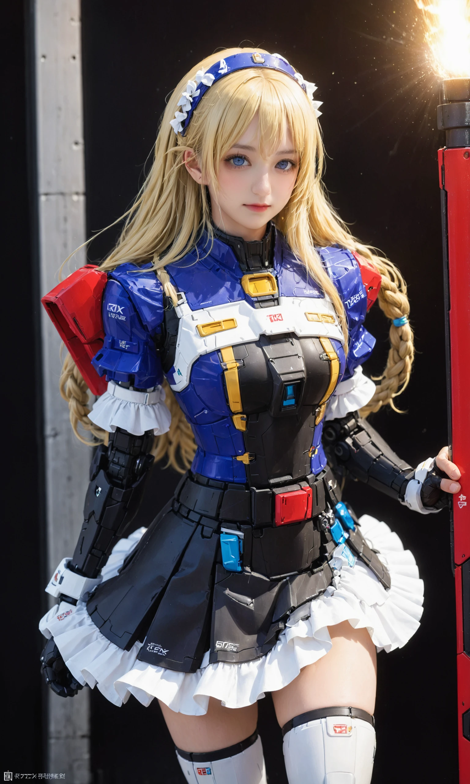 masterpiece, ({1girl is in mache armor with jumping pose, full body, long hair, short skirt}:1.3), realistic:2, intricate detail, highly detailed, great textures, 8k, 100000000 detail, gundam\\(rx78\\), armor, full body, <lora:RX78_SDXL_v3_loha:0.65>,detailed_background,indoors,small_breasts,solo,bucket,bloomers,white_bloomers,maid,fate_\(series\),maid_headdress,oversized_object,skirt,sash,braid,tentacles,breasts,long_hair,highres,keyhole,blonde_hair,layered_skirt,abigail_williams_\(fate\),looking_at_viewer,sleeves_past_wrists,smile,abigail_williams_\(festival_outfit\)_\(fate\),shiro_ami,french_braid,key,mop,alternate_costume,dress,enmaided,blue_eyes,absurdres,black_skirt,parted_bangs,very_long_hair,sleeves_past_fingers,white_dress,fate/grand_order,underwear,forehead,1girl,sidelocks, (RAW photo, best quality, masterpiece:1.2), ultra high res, (photorealistic:1.4),