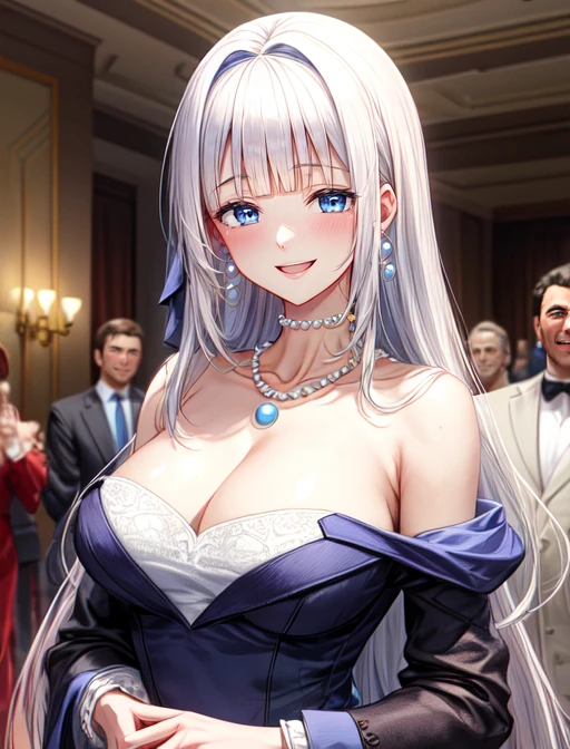 best quality, masterpiece, highres, detailed, digital artwork, <lora:Detail - add_detail:0.2>, RichLCh, <lyco:RichLCh:0.8>, jewelry, earrings, pearl necklace, crazy:2, laughing, evil smile, hotel room BREAK Mylene, blue eyes, white hair, long hair, blunt bangs, <lora:Character - MyleneV3:0.6>, upper body, BREAK multiple men, bodyguard, men in suits, surrounded,