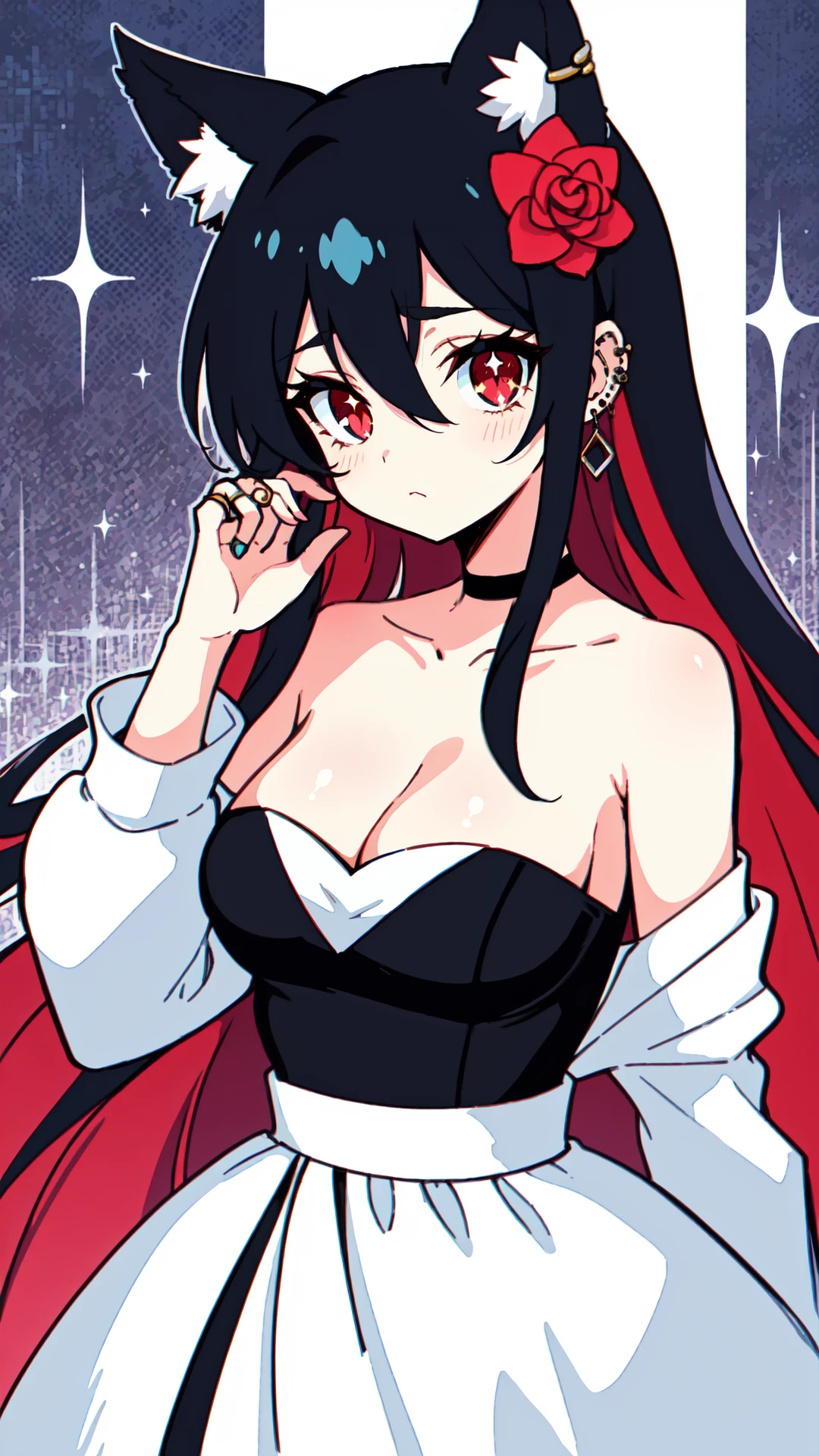 1 woman,  adult,  mature,  voluptuous,  cleavage,  large breasts,  solo,  upper body,  bare shoulders,  black dress,  black flower,  black ribbon,  closed mouth,  collarbone,  dress,  ear piercing,  earrings,  animal ear fluff,  animal ears,  fox ears,  hair between eyes,  hair flower,  hair ornament,  hand up,  jewelry,  long hair,  long sleeves,  makeup,  strapless dress,  piercing,  red eyes,  ribbon,  ring,  rose,  two tone hair,  streaked hair,  red hair,  black hair,  feathered wings,  magic,  sparkles,  bokeh,  glitter,  vantage point,  4 point perspective,  flat color,  manga style, CelShade