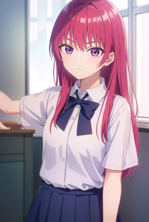 sakisaki, <lora:saki saki s2-lora-nochekaiser:1>,
saki saki, long hair, bangs, (red eyes:1.3), red hair,
BREAK skirt, shirt, bow, school uniform, white shirt, short sleeves, pleated skirt, bowtie, blue skirt,
BREAK indoors, classroom,
BREAK looking at viewer, (cowboy shot:1.5),
BREAK <lyco:GoodHands-beta2:1>, (masterpiece:1.2), best quality, high resolution, unity 8k wallpaper, (illustration:0.8), (beautiful detailed eyes:1.6), extremely detailed face, perfect lighting, extremely detailed CG, (perfect hands, perfect anatomy),