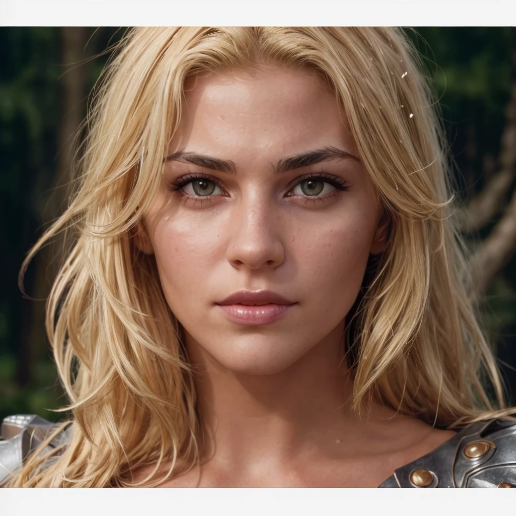 closeup, focus on eyes, callxen2023, 1girl, 8k, uhd, best quality, trending on arstation, photorealistic, masterpiece, raw image, skin pores, detailed skin, leather armor, blonde hair, award winning photo, angry, detailed hair
