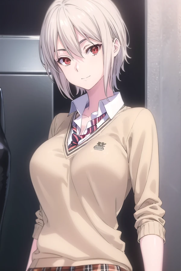 alicenakiri, <lora:alice nakiri s1-lora-nochekaiser:1>,
alice nakiri, short hair, (red eyes:1.3), white hair, hair between eyes, smile,
BREAK skirt, shirt, jewelry, school uniform, pleated skirt, necktie, striped, bracelet, sweater, plaid, plaid skirt, striped necktie, white shirt, collared shirt, (light brown sweater:1.2),
BREAK indoors, kitchen,
BREAK looking at viewer, (cowboy shot:1.5),
BREAK <lyco:GoodHands-beta2:1>, (masterpiece:1.2), best quality, high resolution, unity 8k wallpaper, (illustration:0.8), (beautiful detailed eyes:1.6), extremely detailed face, perfect lighting, extremely detailed CG, (perfect hands, perfect anatomy),