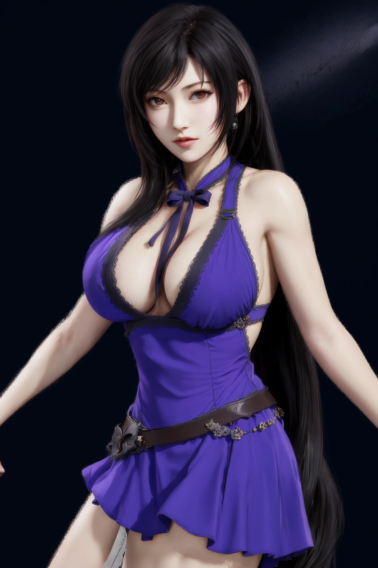 the milky way,1girl,solo,tifa lockhart,long hair,cleavage,large breasts,purple dress,black hair,<lora:好åç±³-tifa-v2:0.6>,