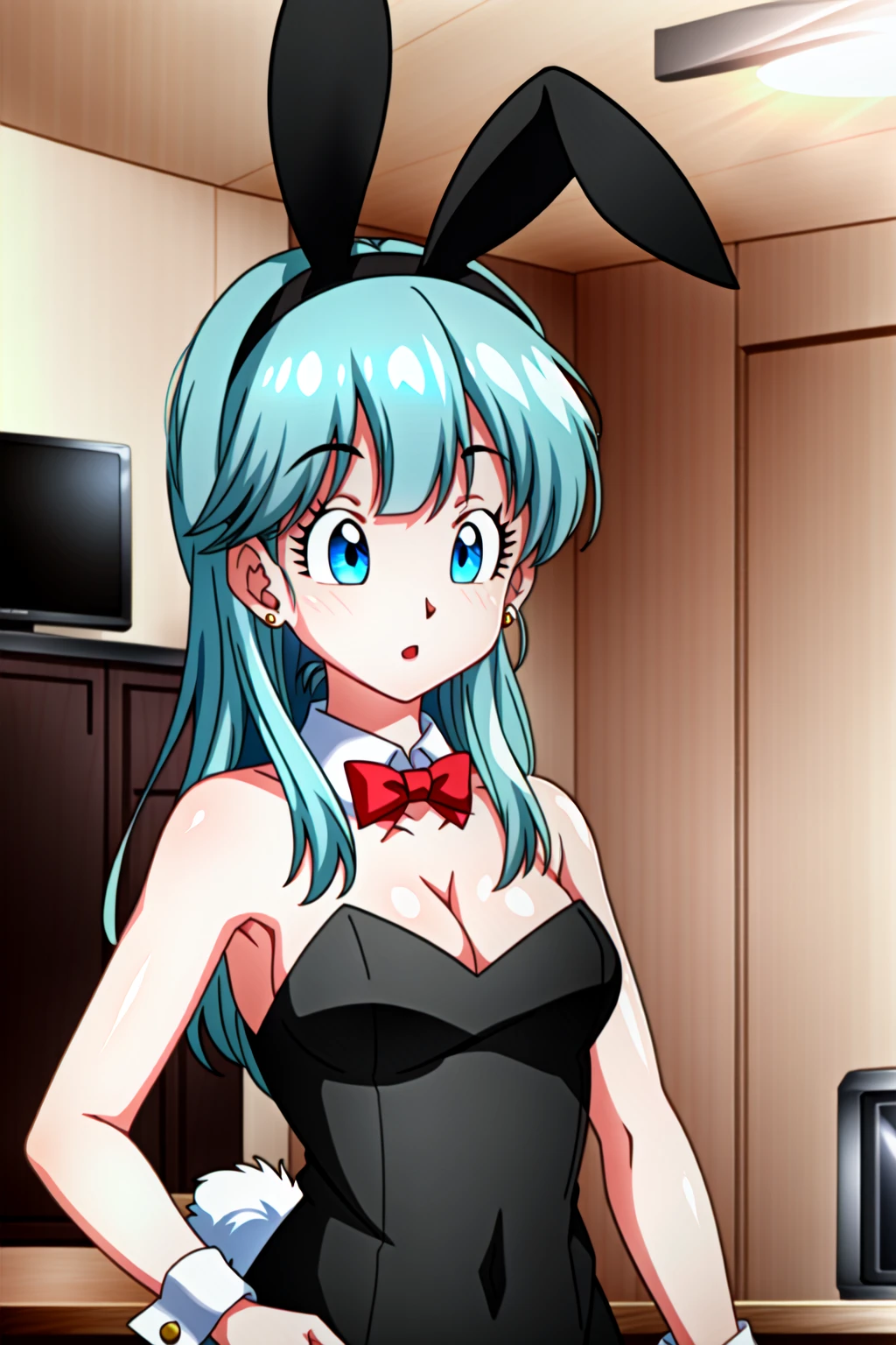 ((extremely detailed CG unity 4k wallpaper)),(masterpiece),(ultra quality),(ultra-detailed),(best illustration),(best shadow),(Extremely Detailed),(absurdres),(detailed background), <lora:OGT_Bulma-v1:0.7> Bulma, playboy bunny, blue eyes, rabbit ears, breasts, animal ears, earrings, cleavage, black leotard, long hair, 1girl, fake animal ears, medium breasts, bowtie, jewelry, eyelashes, tail, bow, upper body, blue hair, solo focus, red bowtie, bare shoulders, leotard, strapless, wrist cuffs, red bow, rabbit tail, blunt bangs, looking to the side, detached collar, looking away, bangs, strapless leotard, simple background, straight hair, aqua hair, indoors, living room