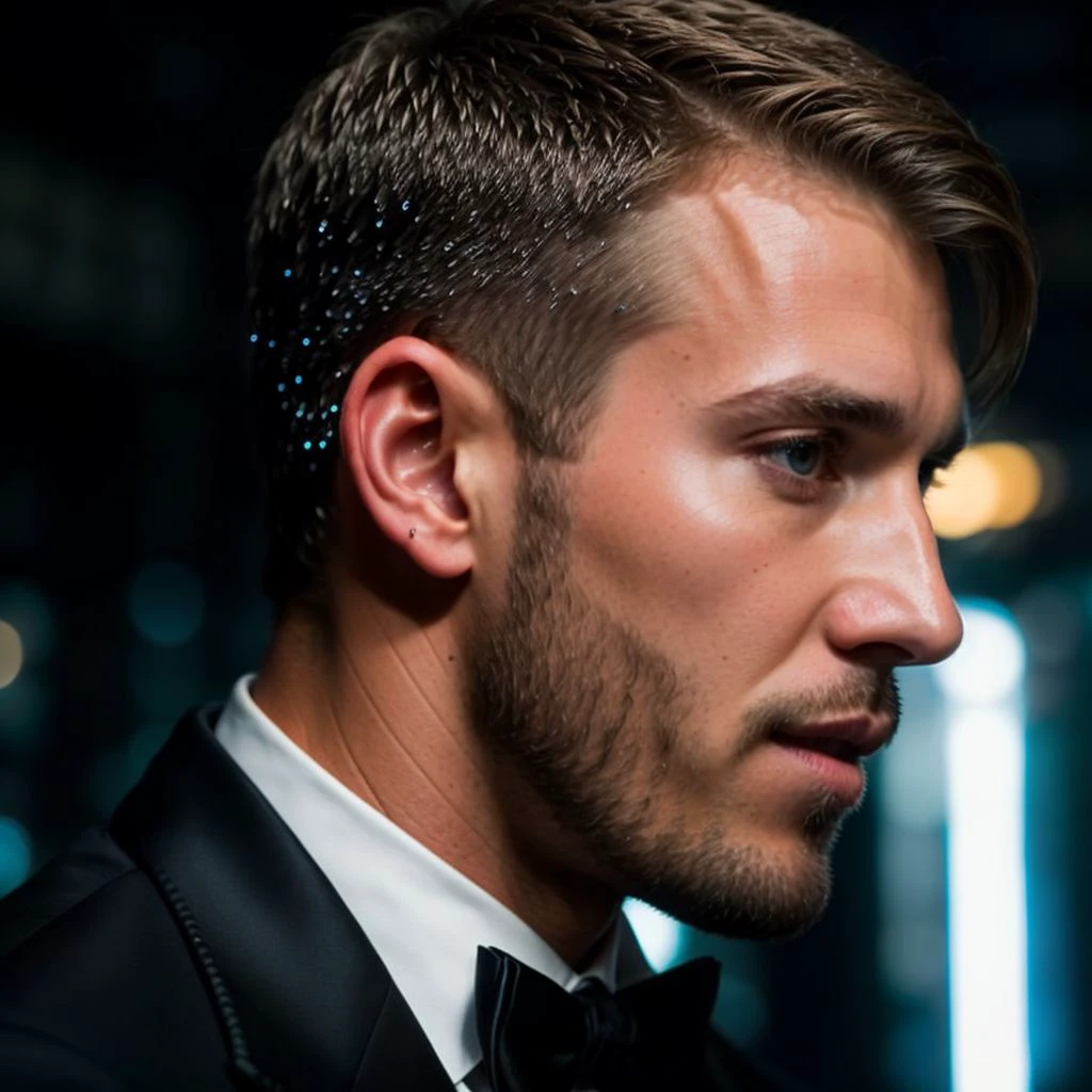 face portrait of bradleyj person using a tuxedo, in blade runner, professional photography, high resolution, 4k, detailed photo, <lora:bradleyj_46350:1>