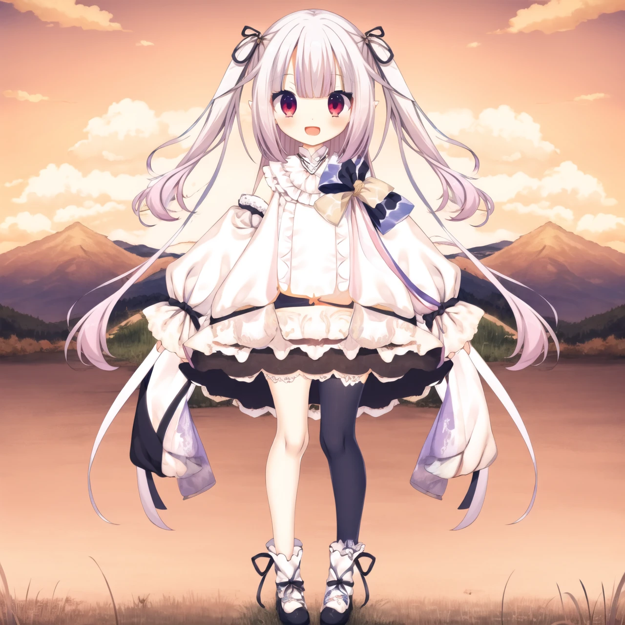 1girl,red eyes,virtual youtuber,sleeves past wrists,puffy long sleeves,long sleeves,long hair,solo,pointy ears,smile,:d,shoes,very long hair,puffy sleeves,asymmetrical legwear,pantyhose,bangs,open mouth,two side up,full body,white dress,looking at viewer,dress,blush,frills,mismatched legwear,multicolored hair,standing,twintails,black ribbon,ribbon,hair ribbon,shirt,bow,crown,white hair,mini crown,pink hair,single leg pantyhose,white shirt,single thighhigh,<lora:Youzi5-000025:0.9>,grass,horizon,sunset,mountain,sky,light ray,floral background,<lora:baicai:0.8>,m legs