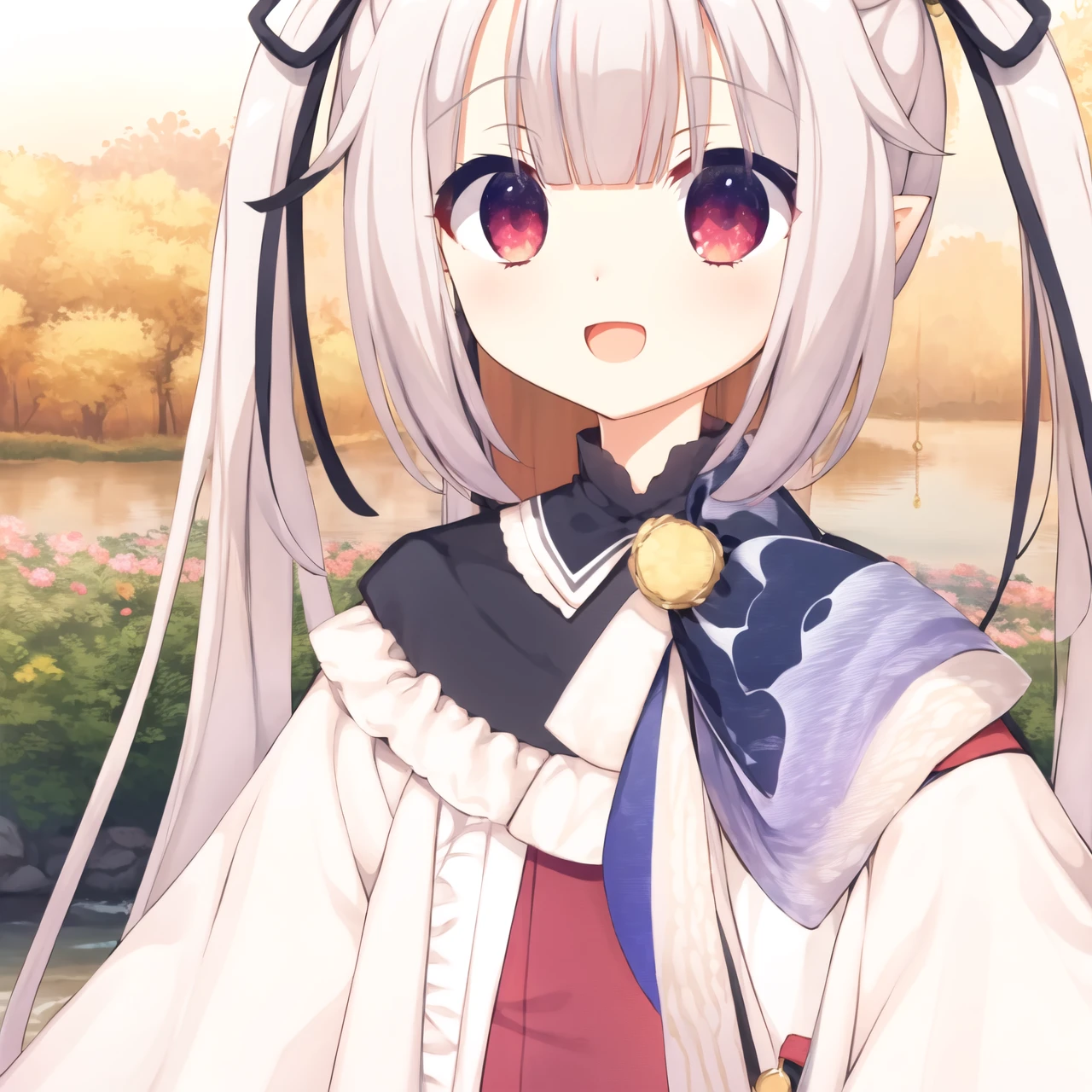 on_stomach,((dark_persona)),1girl,solo,virtual youtuber,red eyes,long hair,pointy ears,ribbon,twintails,hair ribbon,white hair,bangs,hair ornament,black ribbon,bow,:d,long sleeves,dress,<lora:Youzi5-000025:0.8>,<lora:baicai:0.8>,colorful,fantasy,in spring,in a meadow,waterfall,lake,flower field,outdoors,golden hour lighting,full_shot,close up