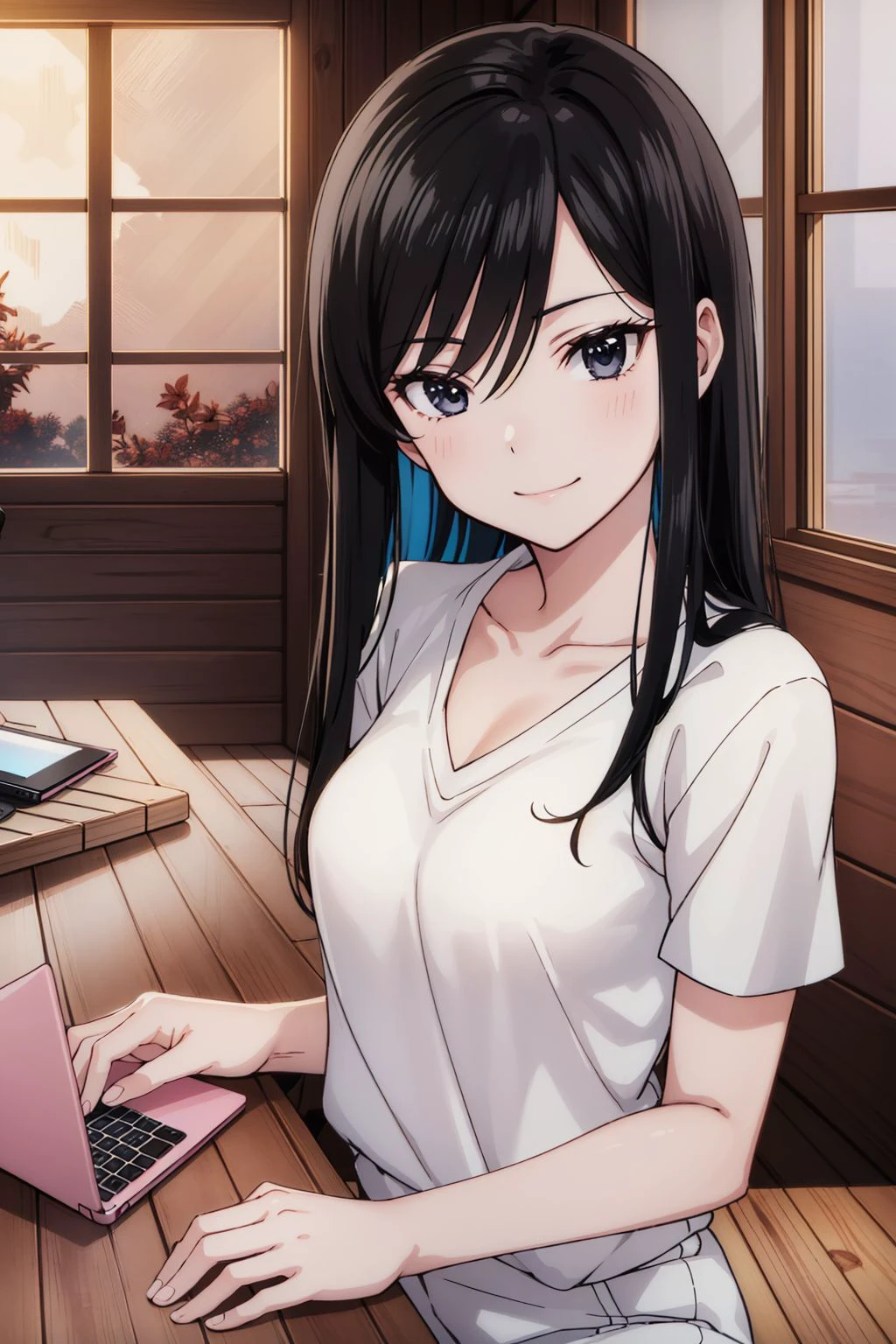 1girl, solo, reiko, black hair, long hair, hair between eyes, black eyes, medium breasts, white shirt, v-neck, short sleeves, pink shorts, sitting on floor, looking at viewer, smile,  (indoors, hut, wooden floor, window, table, netbook:1.45), (masterpiece:1.4), (best quality:1.4), (absurdres:1.0), (intrincate), (full sharp), (extremely detailed:1.5), (exquisite details), (high definition), (anime, anime coloring:1.35),  <lora:Reiko (Super Cub)_001:0.7>