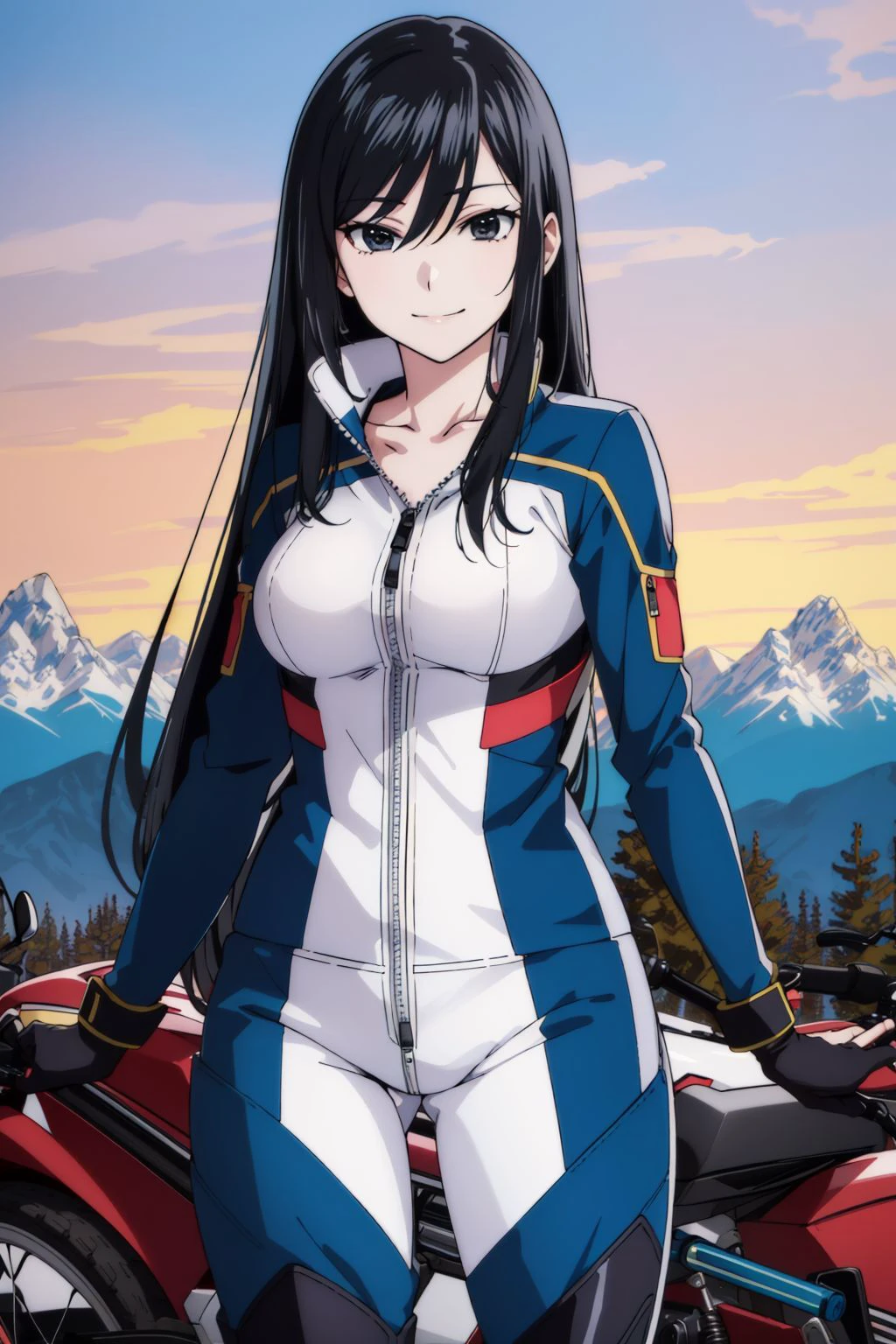 1girl, solo, reiko, black hair, long hair, hair between eyes, black eyes, medium breasts, biker suit, bodysuit, partially unzipped, center opening, collarbone, gloves, boots, motorcycle, looking at viewer, smile, (outdoors, mountain lookout, landscape:1.45), (masterpiece:1.4), (best quality:1.4), (absurdres:1.0), (intrincate), (full sharp), (extremely detailed:1.5), (exquisite details), (high definition), (anime, anime coloring:1.35), <lora:Reiko (Super Cub)_001:0.7>