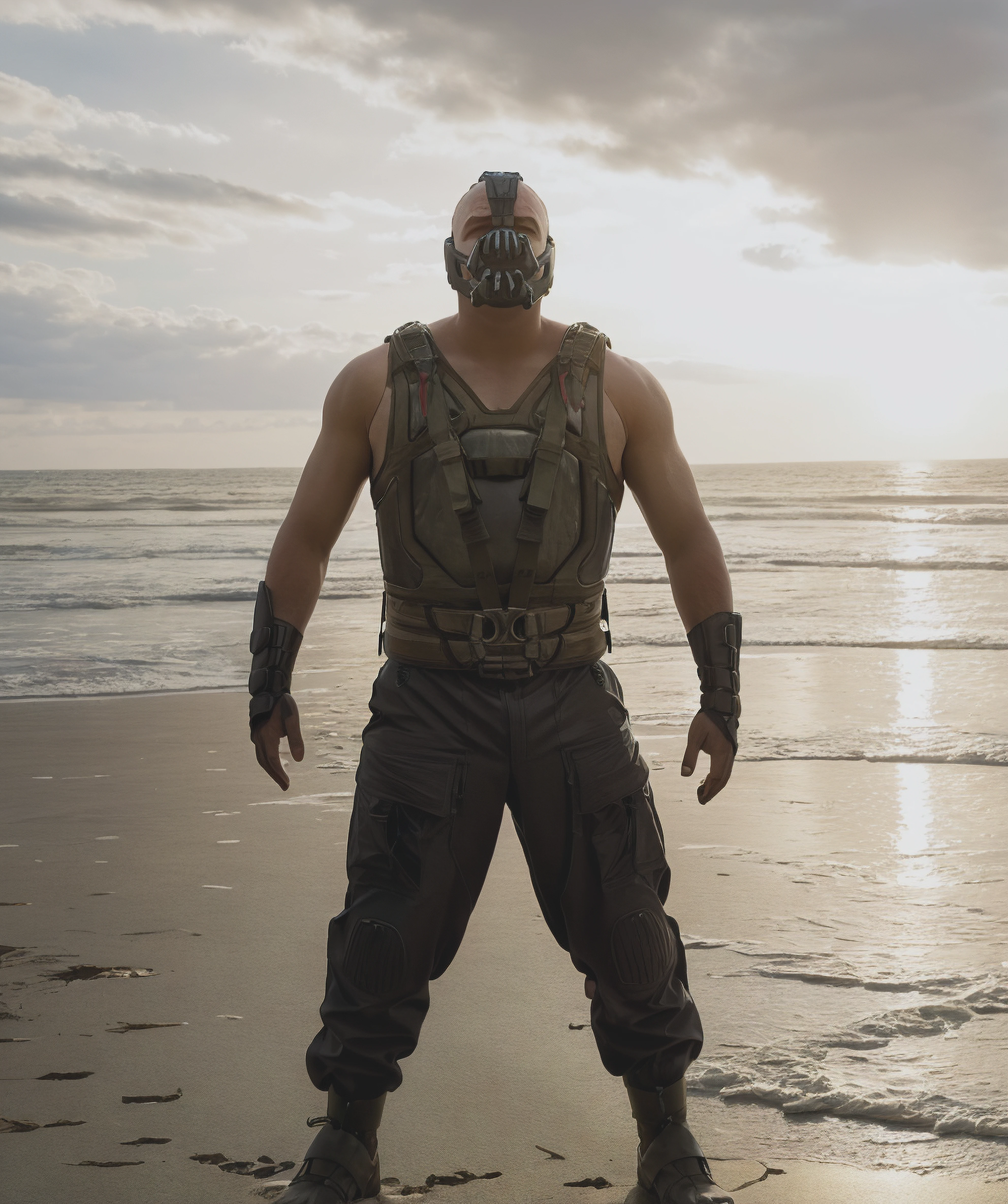 best quality, masterpiece, 1man, bane, standing up, beach <lora:Bane:0.8>