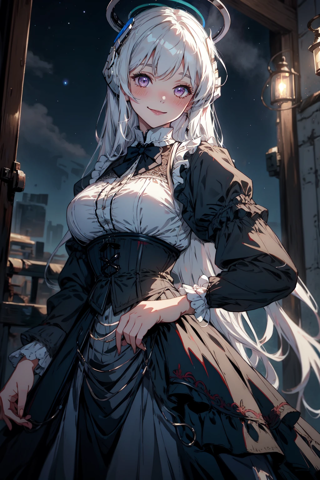 masterpiece, best quality, 1girl, <lora:NoaBA_996220:1>,n0asd, white hair, mechanical halo, smile, naughty face, light blush, see-through, dhevictorian, <lora:ElegantVic-000021:1>, victorian dress, corset, shirt, embroidery, night, night sky, establish, light rays, absurdly long hair
