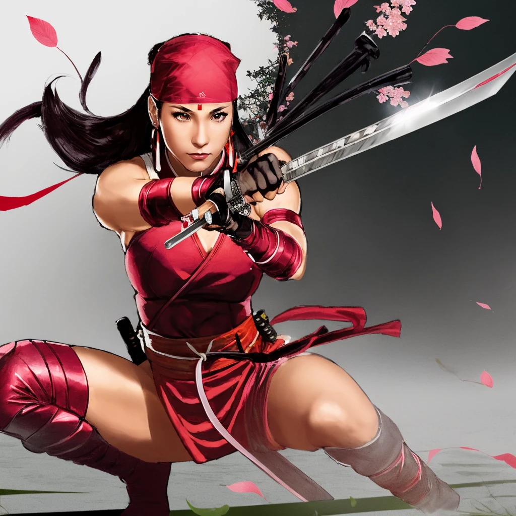 ((a woman crossing her weapons, holding katana, sakura leaves falling ))<lora:ElektraLoRA:0.7> 1girl, black hair, red clothes, solo, breasts, bandana, makeup, shoulder free, large breasts, jewelry, earrings, gloves, boots, ninja, beautiful eyes, beautiful girl,