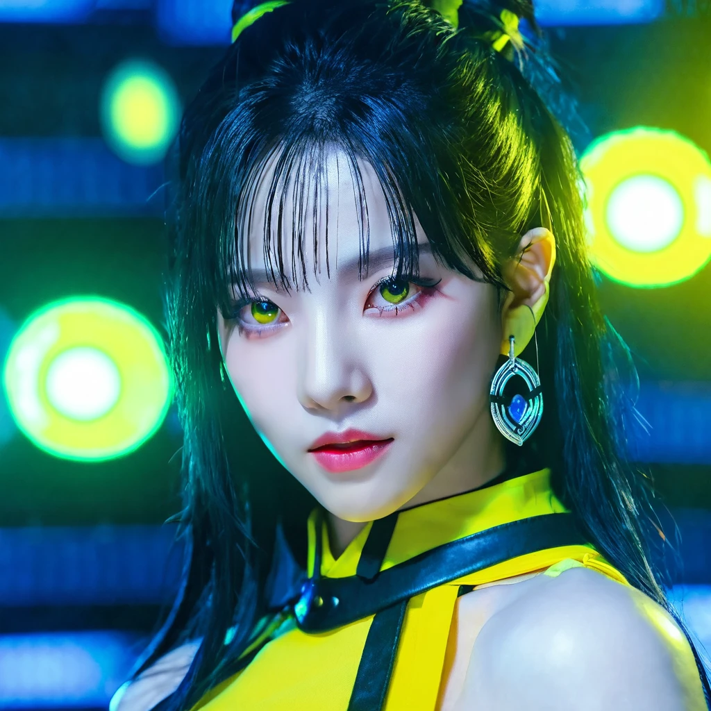 (yujimin:1.2), woman, Evil female, yellow team, smirk, glowing, vivid, extremely beautiful glowing piercing eyes black hair, cinematic scene, hero view, action pose, scenery, detailed background, masterpiece, best quality, high quality, absurdres, <lora:yujimin_v10:0.8>, <lora:add-detail-xl:4>