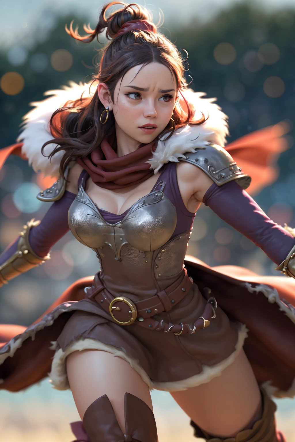 (Style-Dof:1.6) zrpgstyle, dungeons and dragons scene, medieval barbarian woman with cape running into battle, leather and fur boots warriors and red banners, great stone castle (masterpiece) (best quality) (detailed) (intricate)