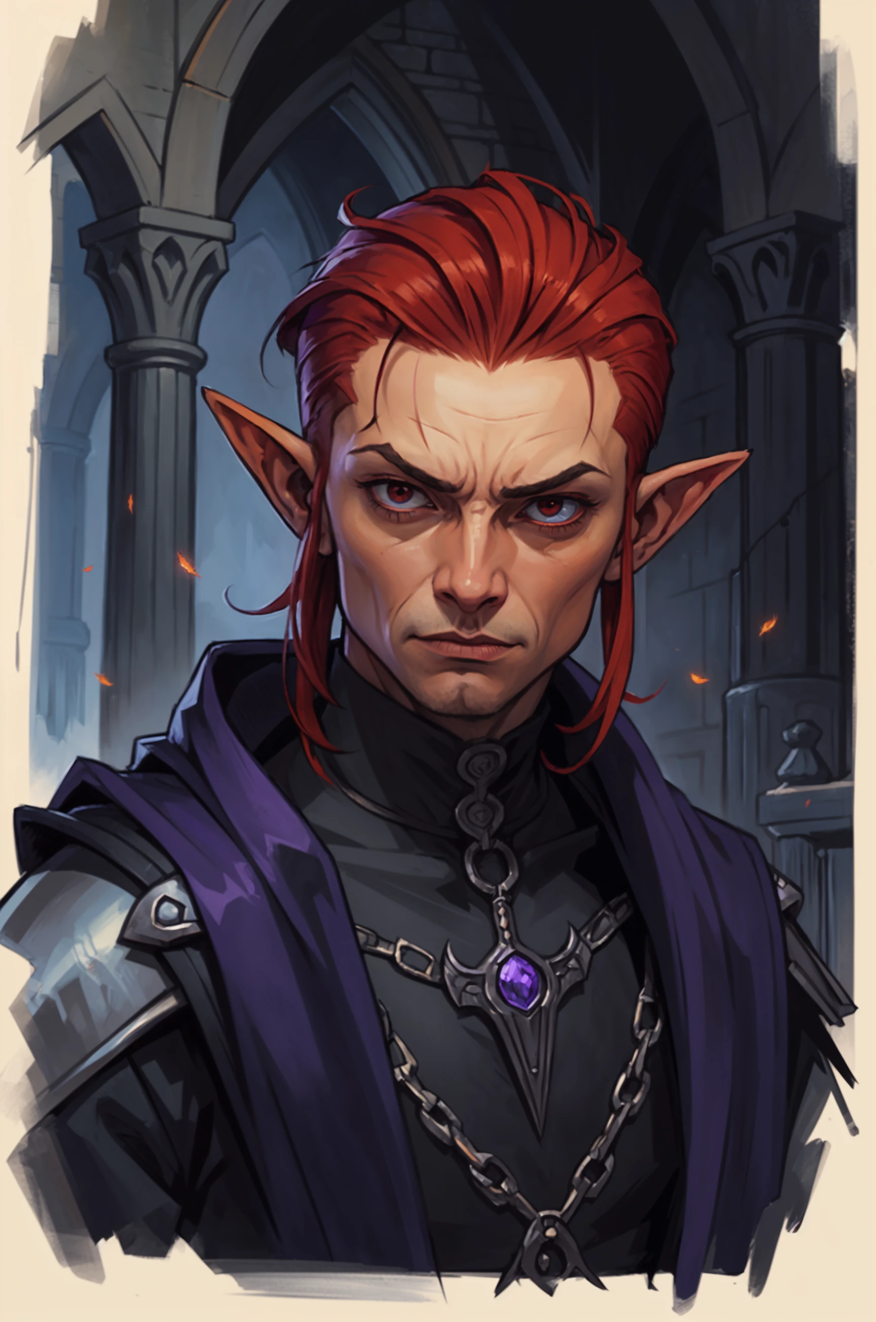 (brom, traditional fine arts:1.3), portrait in tight space, young elf boy vampire mage sneaking in gothic castle, short red hair undercut, medieval, dark fantasy themes, orange purple blue, worried, (atmosphere), coherent, continuity, epic, (sharp focus:1.2)
