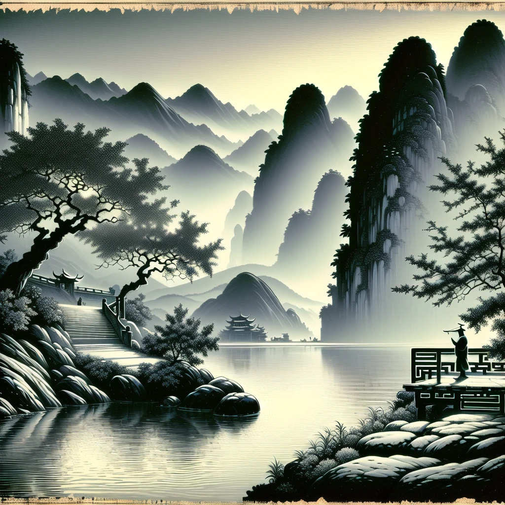 best quality,masterpiece,ancient china,gudai,solo,outdoors,sky,cloud,tree,building,scenery,stairs,mountain,architecture,east_asian_architecture<lora:wuyichengxian:1>