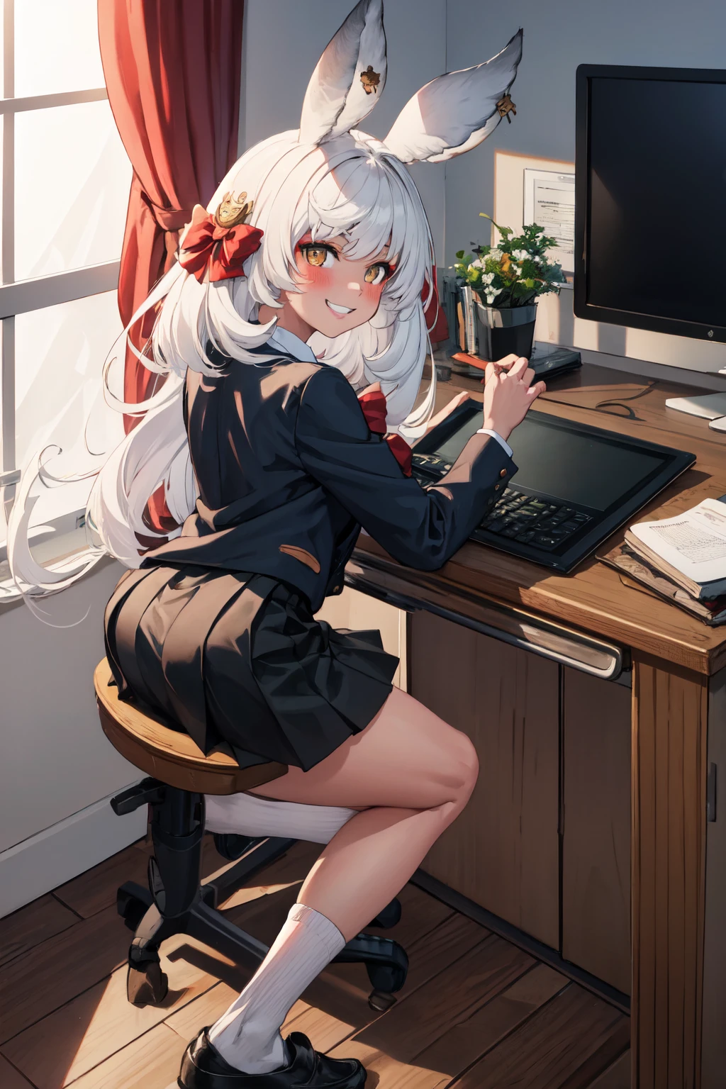 masterpiece, (detailed, highres, best quality), 1girl, <lora:spgbfMakura:1> makuradef, rabbit ears, hair bow, black leotard, bag, black footwear, black skirt, cardigan, loafers, long sleeves, pleated skirt, school bag, school uniform, shoes, skirt, socks, white socks, chair, clock, desk, monitor, mouse (computer), tablet pc, Three-Quarters Rear View, blush, grin, hands up, holding, holding bouquet, looking at viewer, smile, solo, veil
