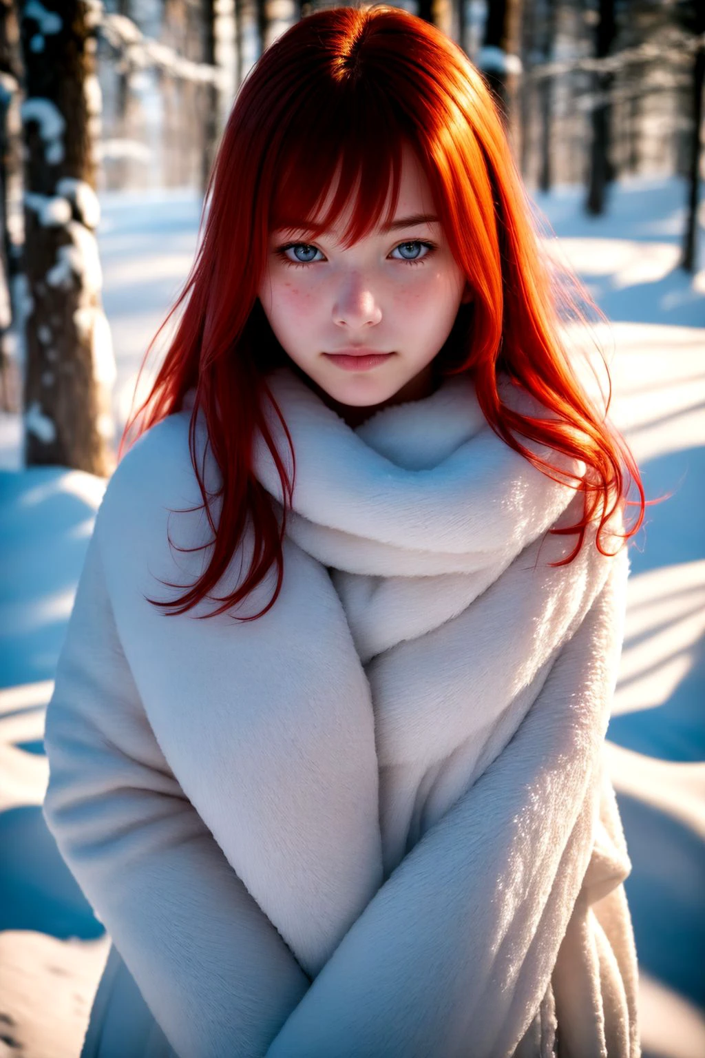 analog raw candid photo of a beautiful young woman, realistic skin texture, red hair, slim, (closed mouth:1.1), erotic, relaxed, haze lighting, winter, snow, 35mm, 8k, UHD, masterpiece