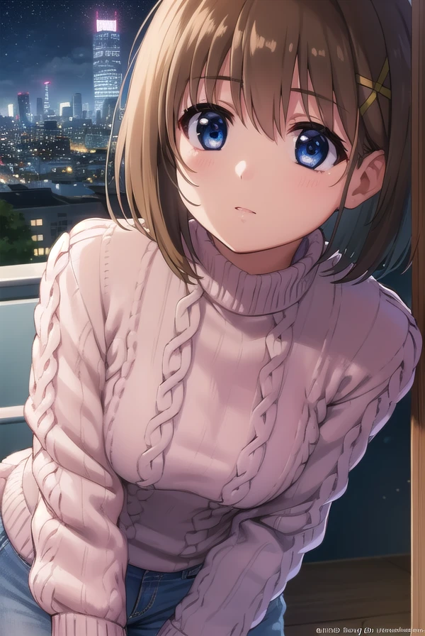 hayateyagami, <lora:hayate yagami movie2-lora-nochekaiser:1>,
hayate yagami, yagami hayate, short hair, blue eyes, brown hair, hair ornament, x hair ornament, 
BREAK sweater, pink sweater, turtleneck, long sleeves,
BREAK outdoors, city, night, starry sky,
BREAK looking at viewer, (cowboy shot:1.5),
BREAK <lyco:GoodHands-beta2:1>, (masterpiece:1.2), best quality, high resolution, unity 8k wallpaper, (illustration:0.8), (beautiful detailed eyes:1.6), extremely detailed face, perfect lighting, extremely detailed CG, (perfect hands, perfect anatomy),