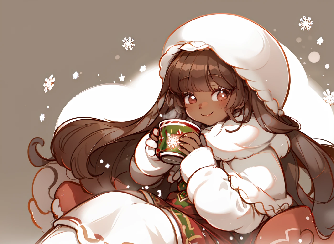 cocoacookie smiling at viewer, holding mug of cocoa, bokeh, sparkles, warm smile, blush, full lips, chubby, dark skin, christmas party, christmas tree, standing by window, detailed background, frosty windows, snow <lora:cocoacookie_v1.3:1>