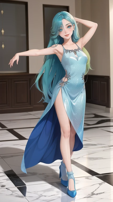 1 girl, bright blue shimmering with green long hair, beautiful smile,one eye green, the other eye blue, arms stretched up, on the marble floor in the apartment, beautiful dress, blue socks, cute face