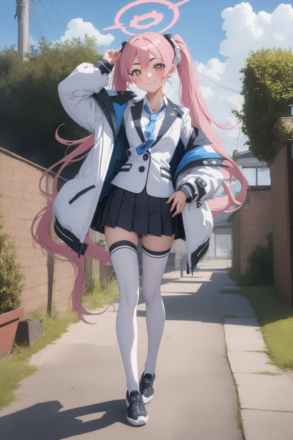 (masterpiece:1.3), (absurdres:1.3), (best quality:1.3), (ultra-detailed:1.3), 1girl, looking at viewer, smile, outdoors, full body, dynamic pose, <lora:koyukiid-000011:1>, koyukiid, very long hair. halo, white suit, jacket, blue necktie, skirt, white thighhighs, shoes,