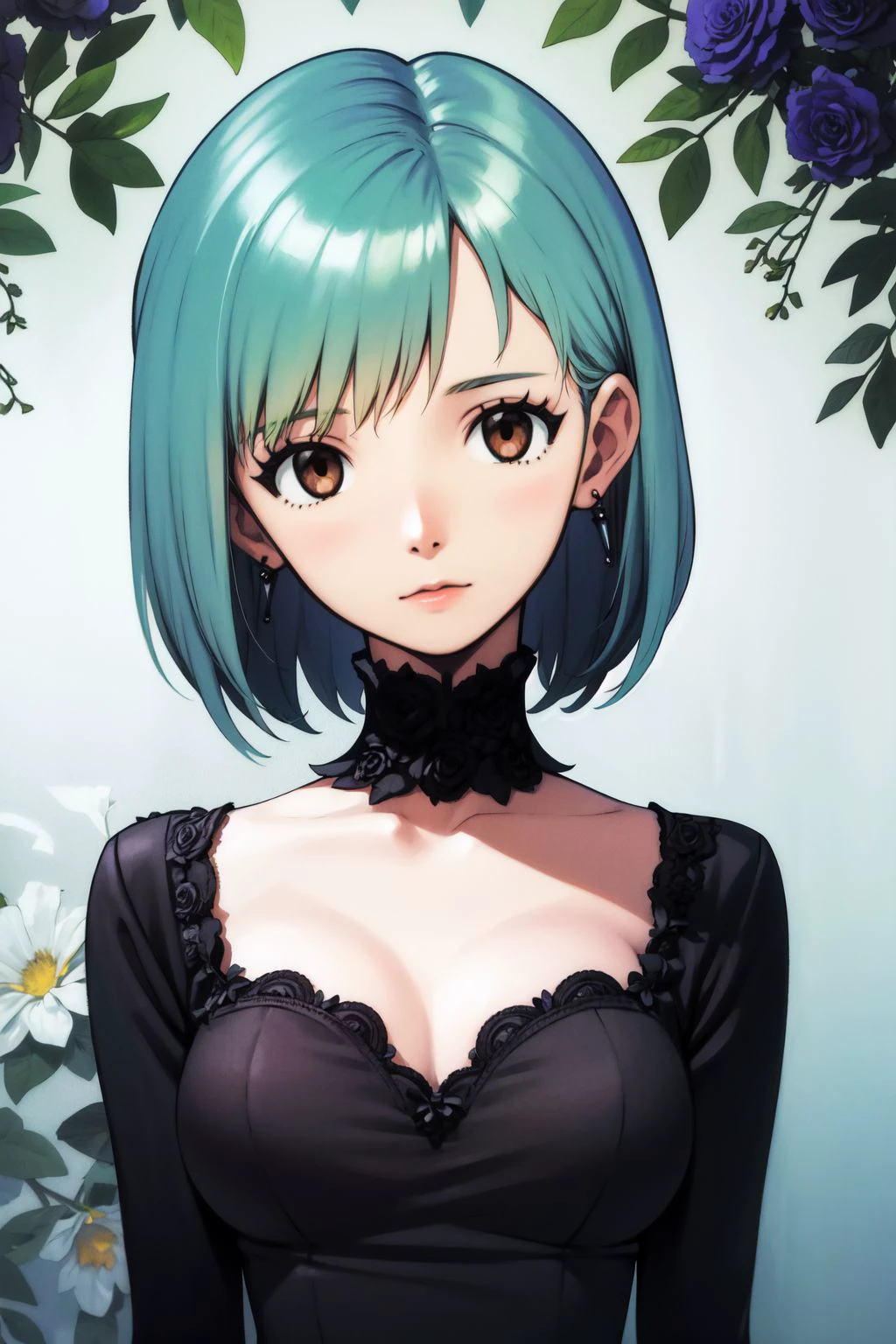 upper body, solo, 1girl, guilty, medium breasts, aqua hair, hair rings, brown eyes, beautiful detailed face, ultra detailed eyes, black dress, dim light, Erica_spp \(flower\), floral background <lora:Sadamoto_Yoshiyuki_style_v01:1>