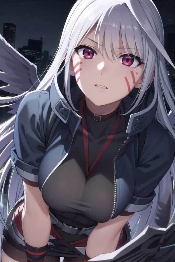 reinforcei, <lora:reinforce i movie2-lora-nochekaiser:1>,
reinforce i, (red eyes:1.3), grey hair, facial mark, long hair,
BREAK thighhighs, gloves, jacket, open clothes, wings, fingerless gloves, open jacket, magical girl, single thighhigh, asymmetrical legwear, black wings, uneven legwear, waist cape, multiple wings, leg belt,
BREAK outdoors, city, sky, night, starry sky, star \(sky\), moon,
BREAK looking at viewer, (cowboy shot:1.5),
BREAK <lyco:GoodHands-beta2:1>, (masterpiece:1.2), best quality, high resolution, unity 8k wallpaper, (illustration:0.8), (beautiful detailed eyes:1.6), extremely detailed face, perfect lighting, extremely detailed CG, (perfect hands, perfect anatomy),