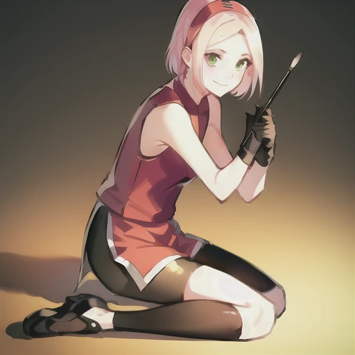 (masterpiece:1.2), best quality, masterpiece, highres, original, extremely detailed wallpaper, perfect lighting,(extremely detailed CG:1.2), drawing, paintbrush,1girl, bike shorts, black footwear, black shorts, closed mouth, gloves, green eyes, haruno sakura, looking at viewer, pink hair, shirt, short hair, short sleeves, shorts, simple background, sitting, sleeveless, sleeveless shirt, smile, solo, standing,<lora:sakura:0.8>