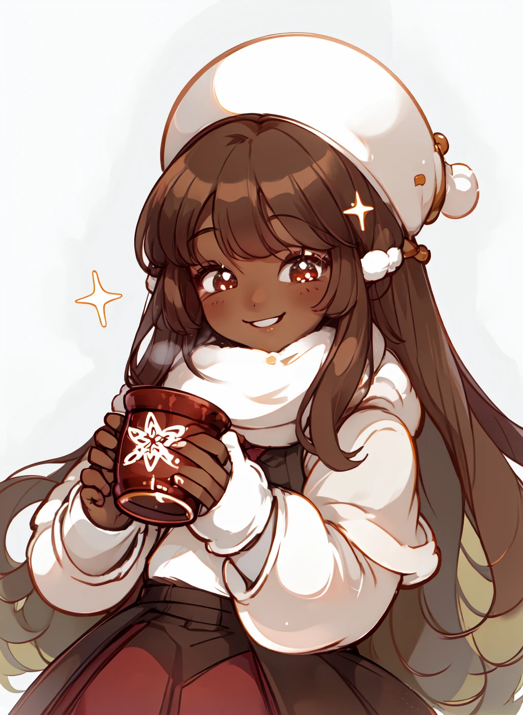 cocoacookie smiling at viewer, holding mug of cocoa, bokeh, sparkles, warm smile, blush, full lips, chubby, dark skin <lora:cocoacookie_v1.3:1>