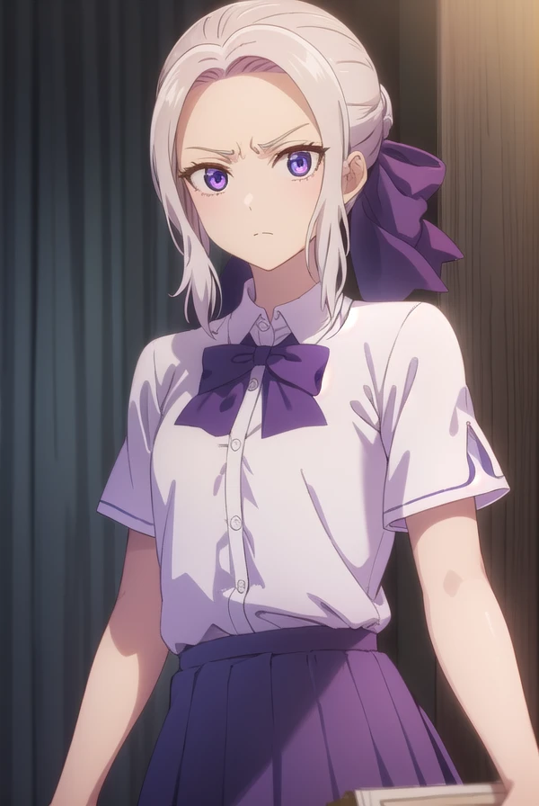 shinokiryuu, <lora:shino kiryuu s2-lora-nochekaiser:1>,
shino kiryuu, (purple eyes:1.1), white hair, hair bow, purple ribbon, frown, angry, (flat chest:1.2),
BREAK skirt, shirt, bow, school uniform, white shirt, short sleeves, pleated skirt, bowtie, blue skirt,
BREAK indoors, classroom,
BREAK looking at viewer, (cowboy shot:1.5),
BREAK <lyco:GoodHands-beta2:1>, (masterpiece:1.2), best quality, high resolution, unity 8k wallpaper, (illustration:0.8), (beautiful detailed eyes:1.6), extremely detailed face, perfect lighting, extremely detailed CG, (perfect hands, perfect anatomy),