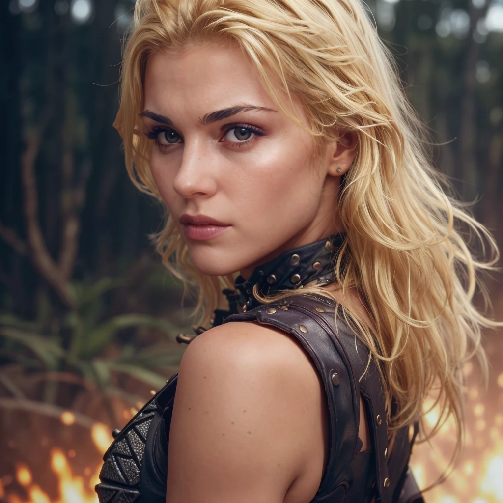 closeup, focus on eyes, callxen2023, 1girl, 8k, uhd, best quality, trending on arstation, photorealistic, masterpiece, raw image, skin pores, detailed skin, leather armor, blonde hair, award winning photo, angry, detailed hair