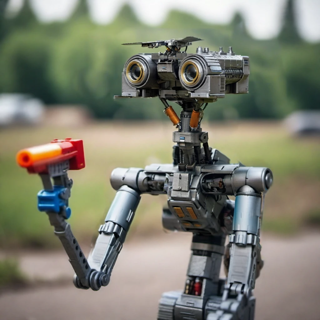 Johnny5-1024, a psychopath robot, aiming a watergun, post apocalyptic scene, detailed eyes, highly detailed, photography, ultra sharp, film, bokeh, professional, 4k <lora:Johnny5-1024:0.8> <lora:add-detail-xl:2>