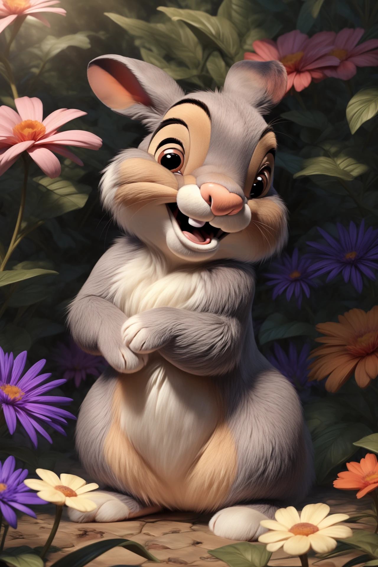 ((bright vibrant colors)), (close-up), portrait, upper body, <lora:thumper_frv1:0.9>, (((thumper (disney)))), ((feral)), (male), solo, fluffy, detailed fur, (((grey fur))), hazel eyes, mammal, bunny, ((small feral bunny body)), ((looking cute)), ((((confused, worried expression)))), (((((ears lowered))))), hi res, photography, ultra realism shading, photorealistic, detailed eyes, ((((looking cute)))), ((((happy expression)))), ((open mouth)), hi res, ultra realism shading, ((standing)), by smitty g, by sfan, by the giant hamster, <lora:add_detail:0.4>, <lora:Furtastic_Detailer:0.3>, (looking at viewer), ((nature, forest, flowers, garden, background)),