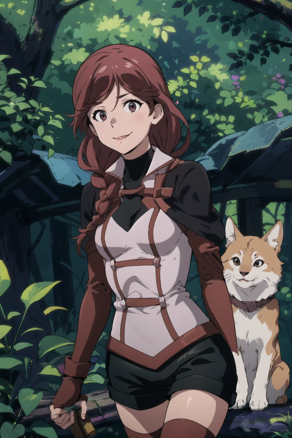<lora:Yume-14:1>, YumeGG, smiling, outside, forest, best quality, masterpiece, highres